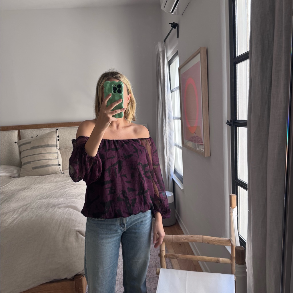 Alice + Olivia Purple Off-The-Shoulder 3/4 Sleeve Silk Blouse